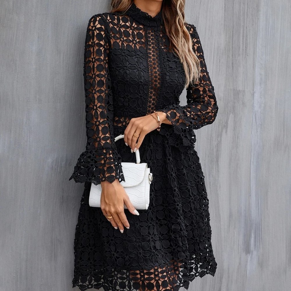 black Mock Neck Flounce Sleeve Lace Dress - Picture 2 of 10